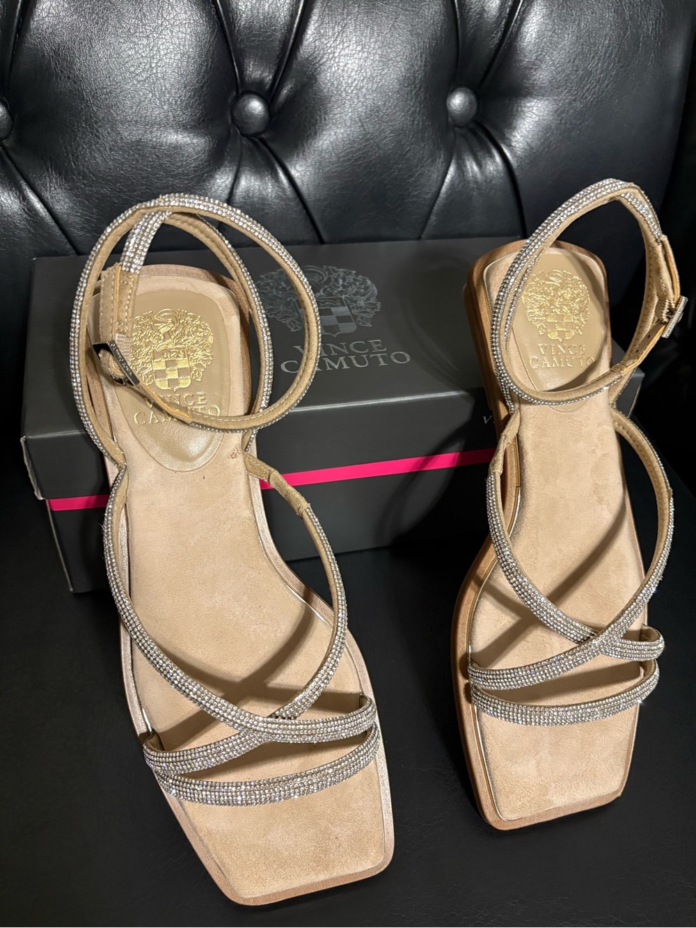 Vince Camuto Taupe Rhinestone-Strap Ankle Sandals
